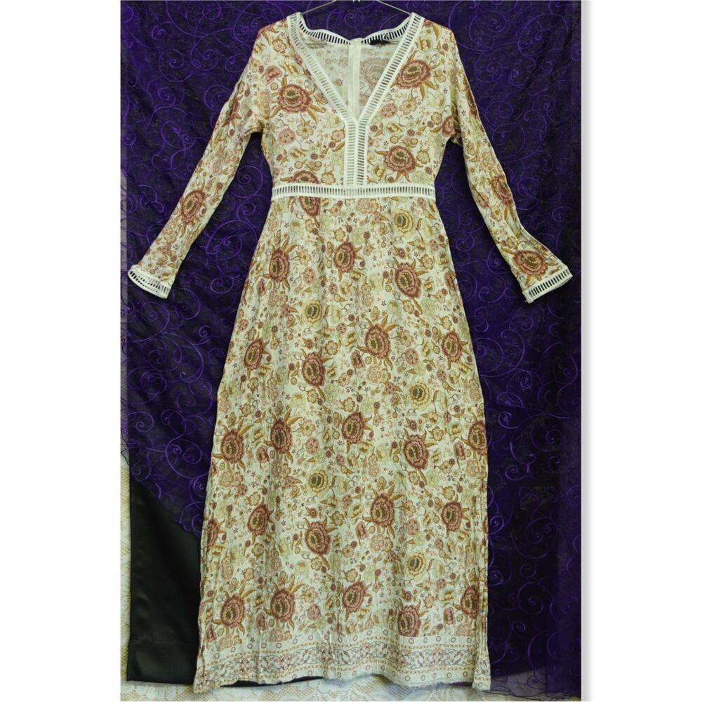 Lucca Womens Size XS Rayon Floral Print Long Hippie Maxi Dress Open Trim Peasant